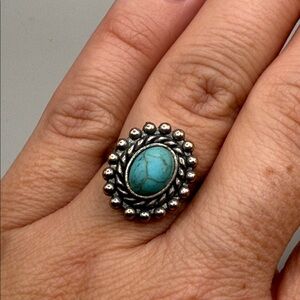Vintage Southwestern Turquoise Blue Silver Tone Adjustable Statement Ring